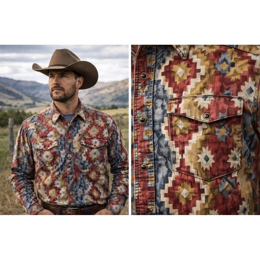 Wrangler USA Aztec Western Shirt XL Tall Pearl Snap Vintage Cowboy Ranchwear